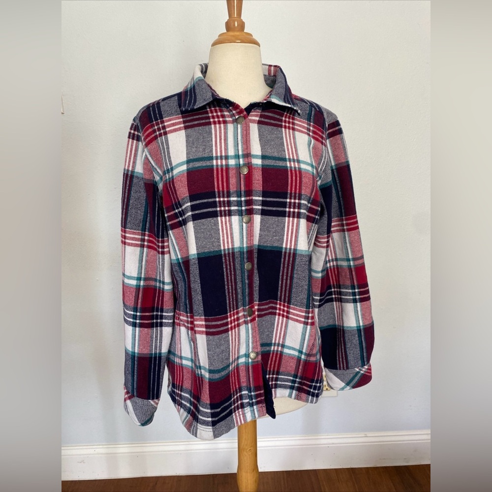 Orvis Womens Plaid‎ Flannel Fleece Lined Snap Button Shirt Jacket Size L